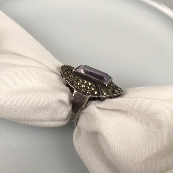 Vtg Sterling Silver Fine Marcasite Amethyst Ring ~ Vintage Cocktail Statement - Picture 4 of 14